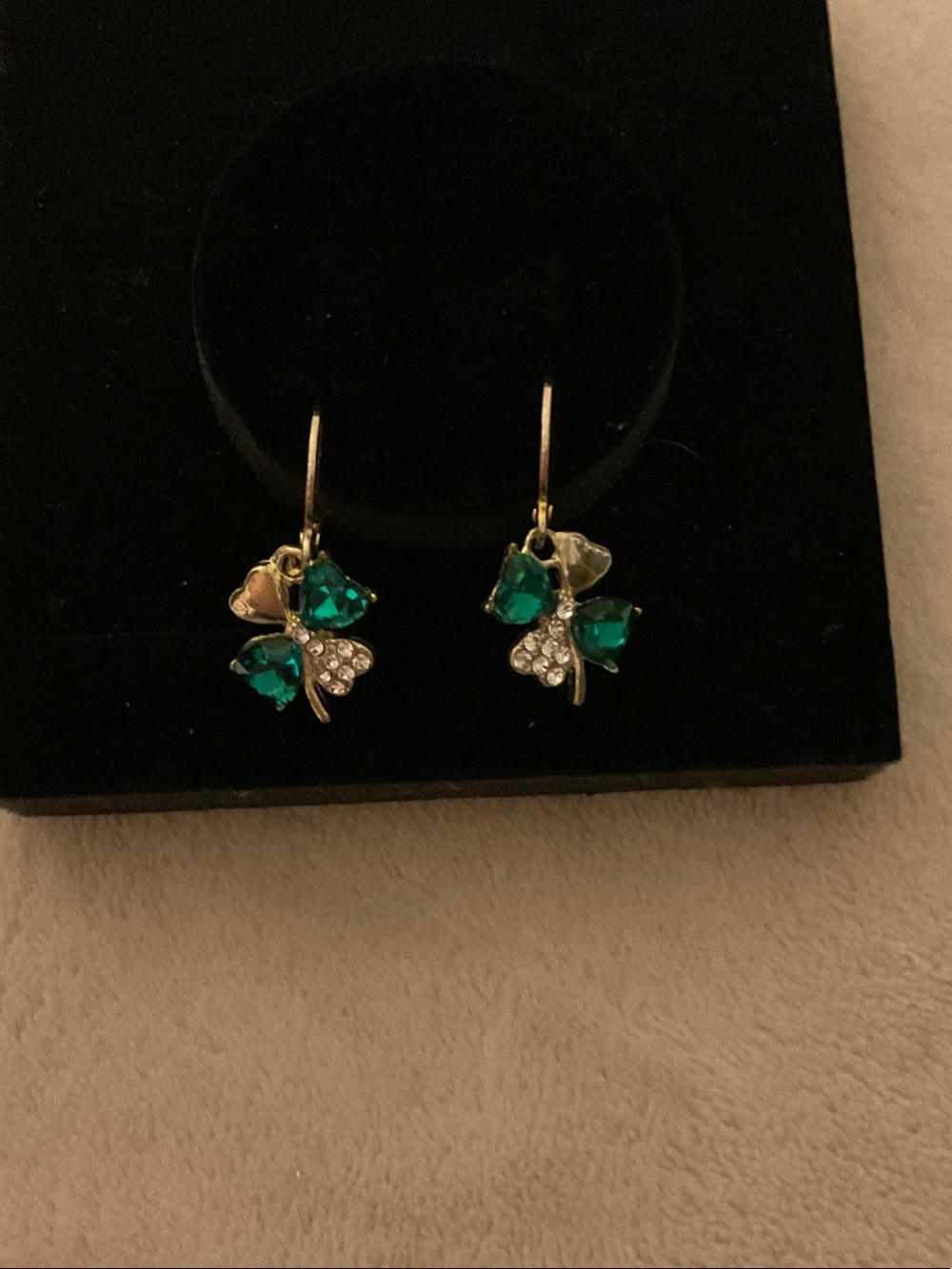 Gold-Tone Clover Drop Earrings with Emerald Green Crystals